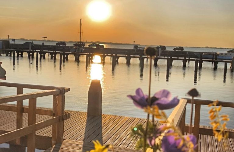 Gün batımında çiçeklerle süslenmiş iskele ve deniz manzarası.
